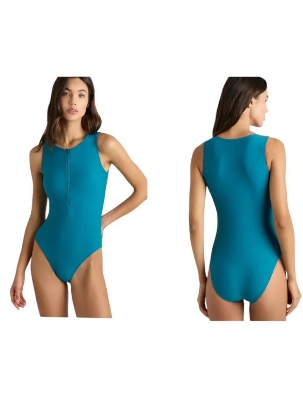 NWT Quince Italian Zip-Front One-Piece Swimsuit Lagoon Teal Blue Size M